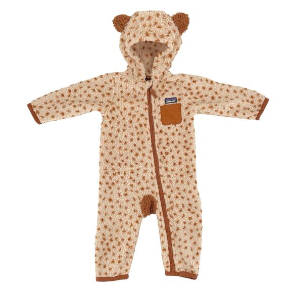Patagonia Furry Friends Fleece Teddy Bear Baby Bunting Tuber Tan Dear Deer Print - Picture 1 of 13